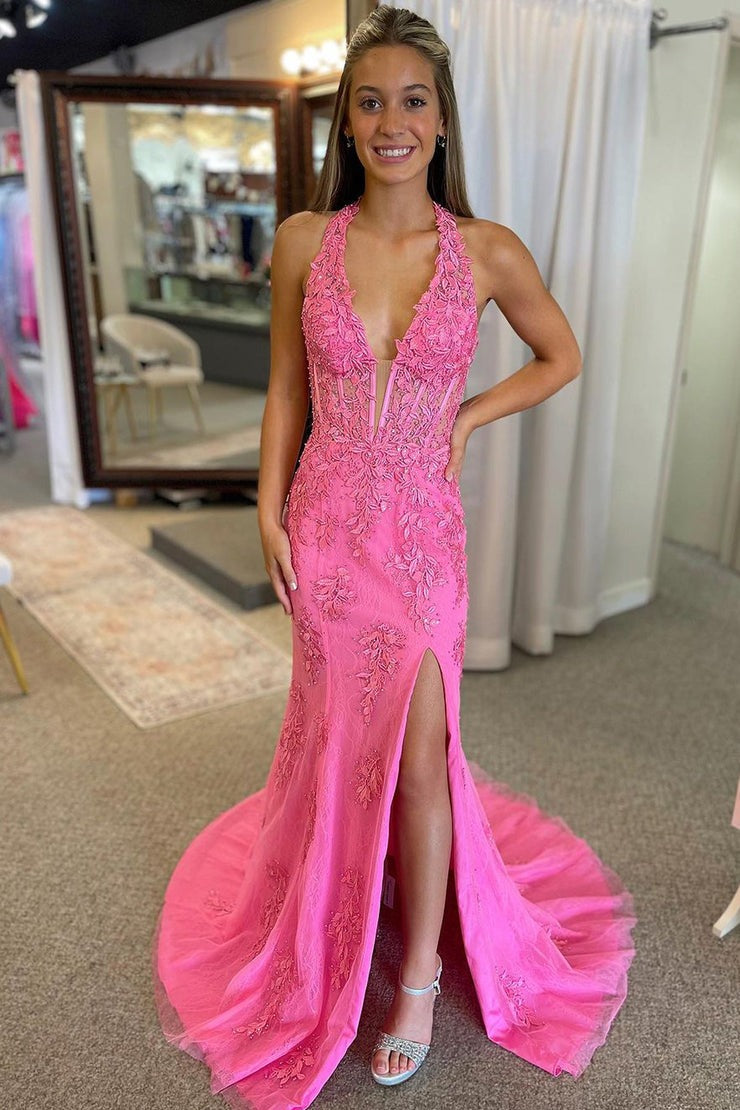 Charming Mermaid Pink Lace Long V Neck Prom Dresses