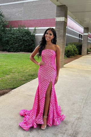 Cute Mermaid Strapless Pink Long Sequins Prom Dresses