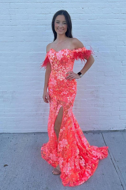 Charming Sequins Mermaid Coral Lace Prom Dresses