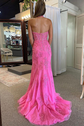 Charming Mermaid Pink Lace Long V Neck Prom Dresses