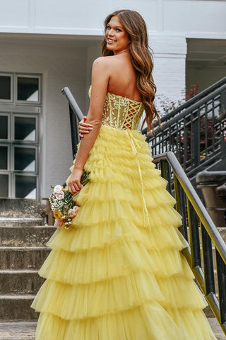 Sweetheart Tiered Tulle Long Yellow Prom Dresses