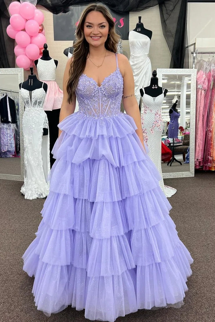 Cute V Neck Red Tiered Tulle Long  A Line Prom Dresses