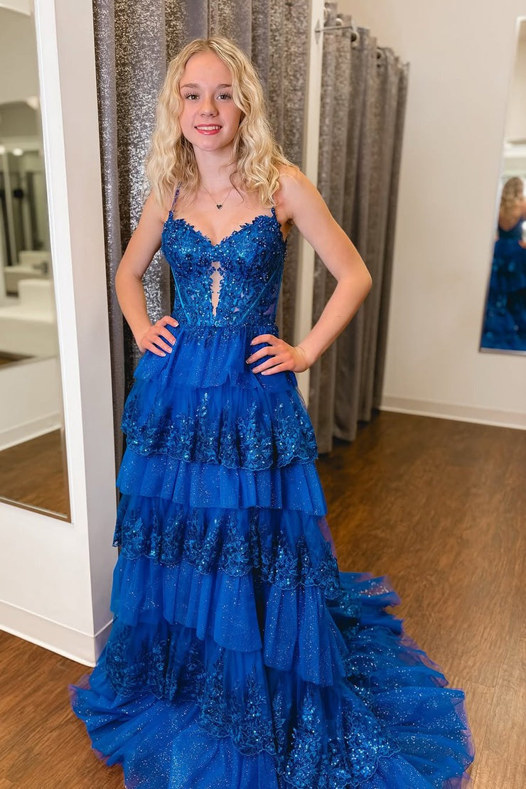 A Line V Neck Royal Blue Tiered Tulle Prom Dresses