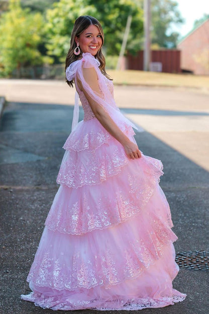 Fairy A Line V Neck Pink Tulle Prom Dresses with Appliques