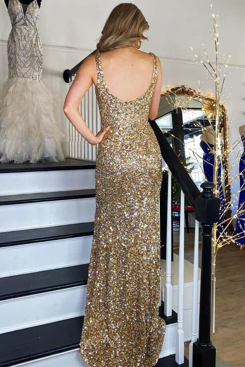 Gold Sequin Mermaid Square Neck Backless Long Formal Dress,BD98018