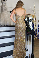 Gold Sequin Mermaid Square Neck Backless Long Formal Dress,BD98018