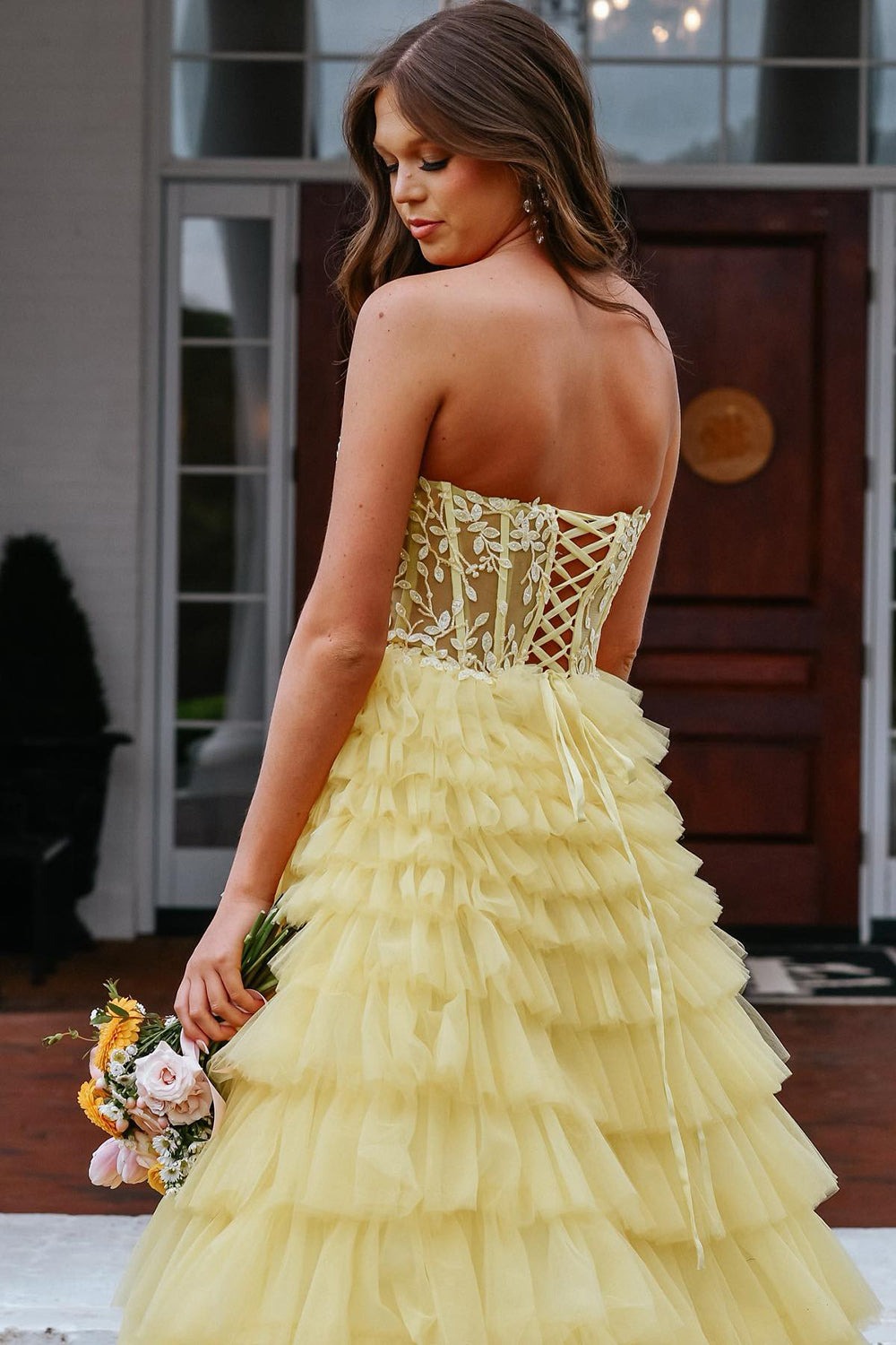 Sweetheart Tiered Tulle Long Yellow Prom Dresses