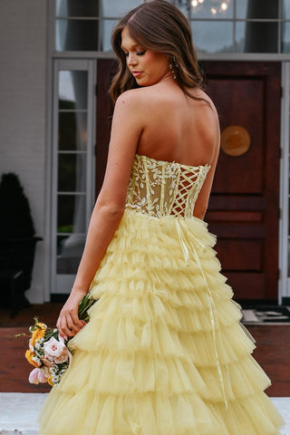 Sweetheart Tiered Tulle Long Yellow Prom Dresses