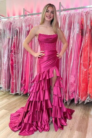 Mermaid Scoop Neck Fuchsia Satin Prom Dresses