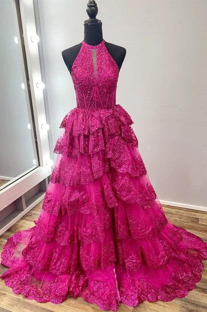 Gorgeous Tulle Ball Gown Halter Fuchsia Long Prom Dresses