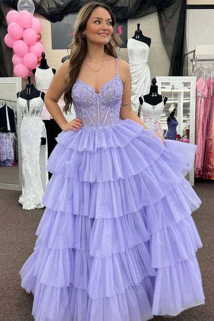 Cute V Neck Red Tiered Tulle Long  A Line Prom Dresses