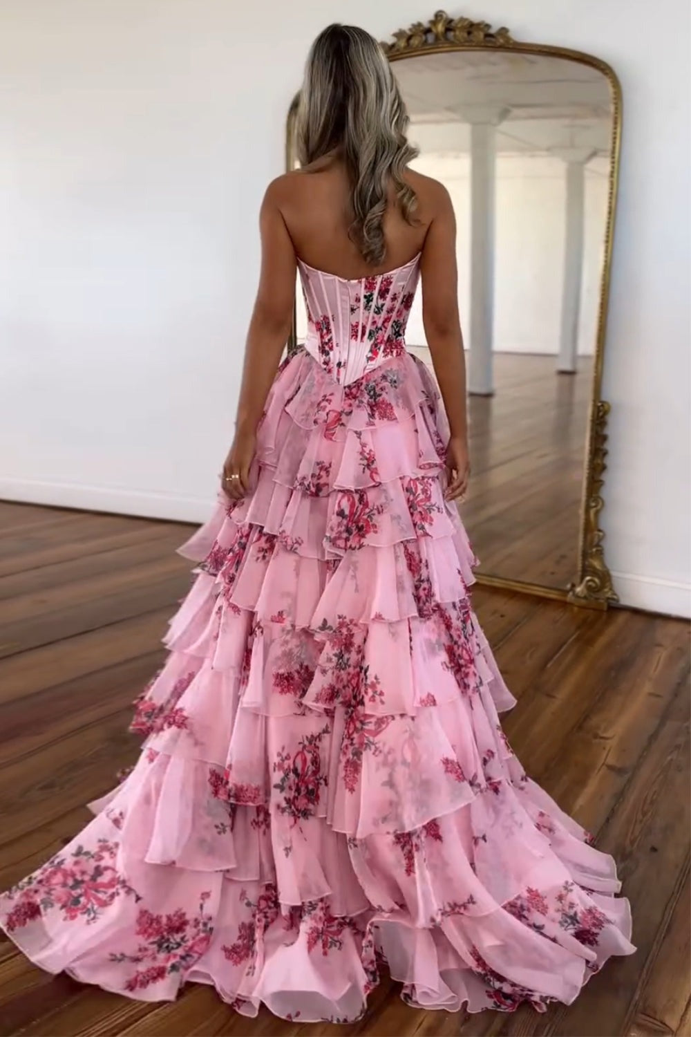 A Line Sweetheart Blush Printed Chiffon Long Prom Dresses