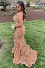 Gold Sequin Mermaid V-Neck Lace-Up Long Prom Dresses,BD98015