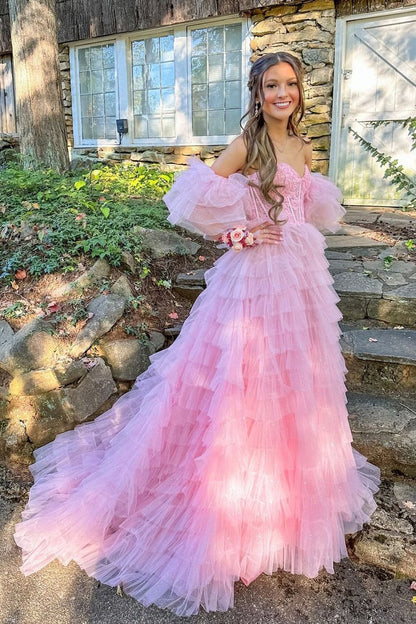 Fairy A Line V Neck Pink Long Tulle Prom Dresses