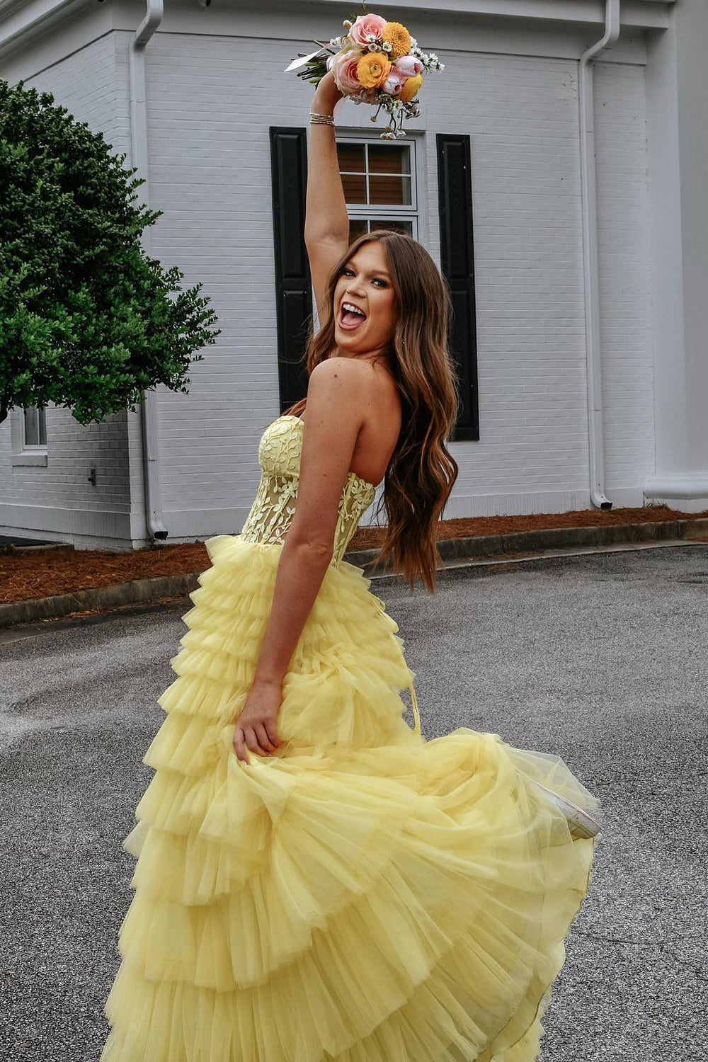 Sweetheart Tiered Tulle Long Yellow Prom Dresses