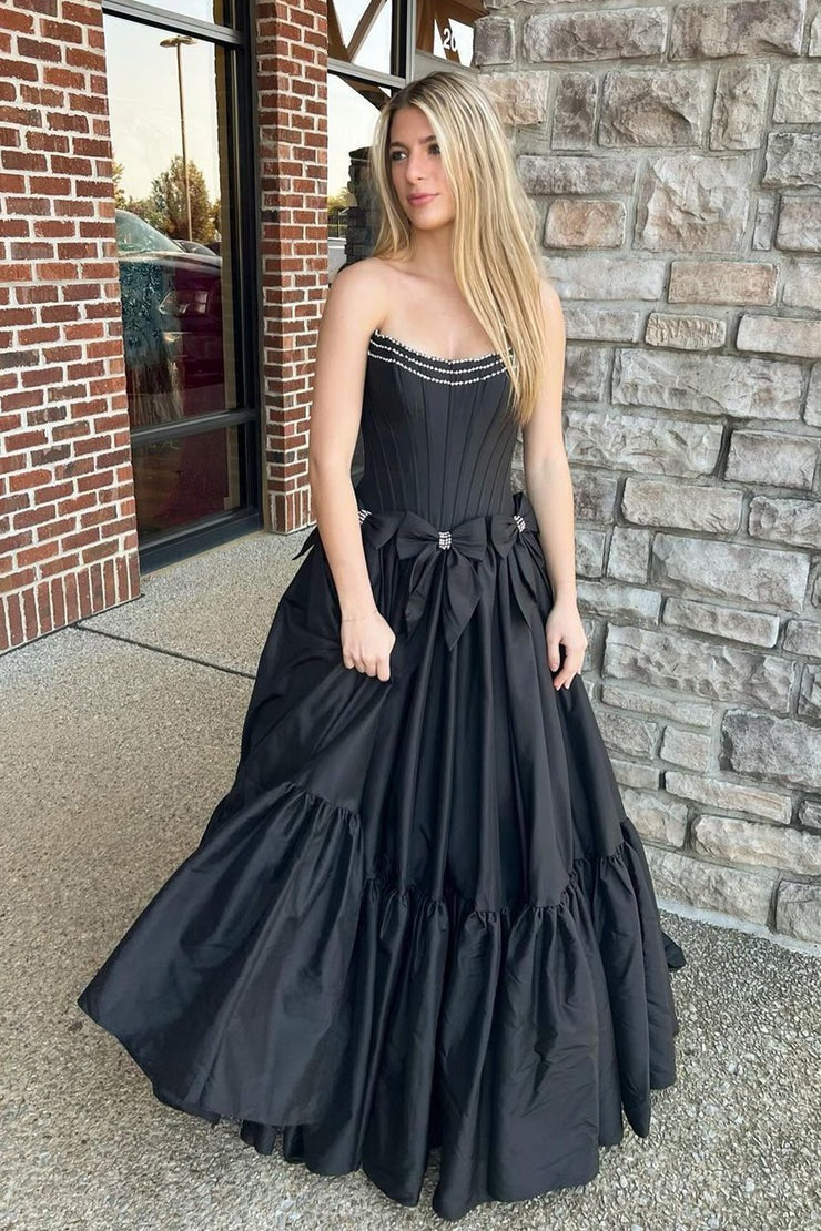 Cute Ball Gown Scoop Neck Black Long Satin Prom Dresses