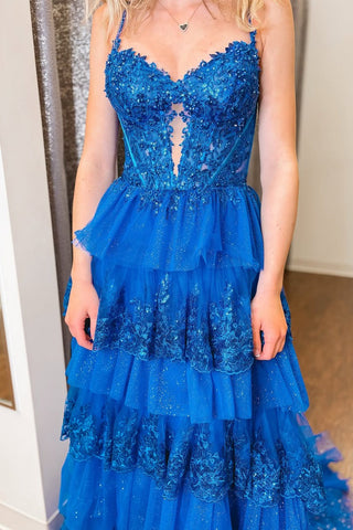 A Line V Neck Royal Blue Tiered Tulle Prom Dresses