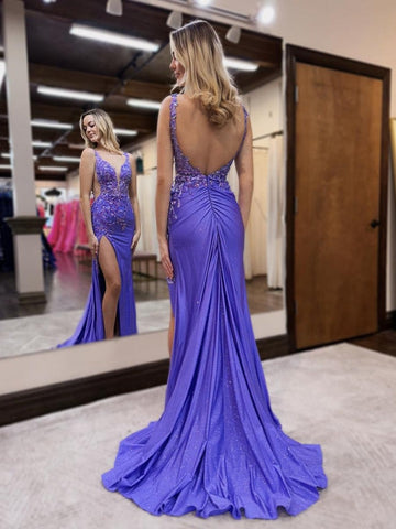 Mermaid V Neck Long Purple Prom Dresses