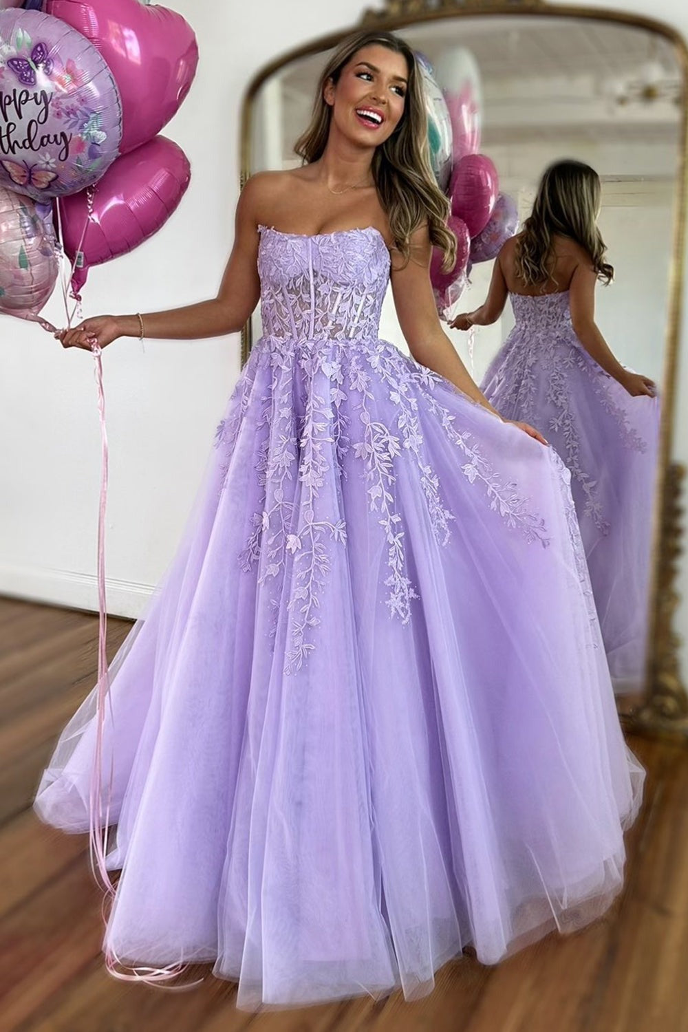 Ball Gown Tulle Strapless Lavender Prom Dresses