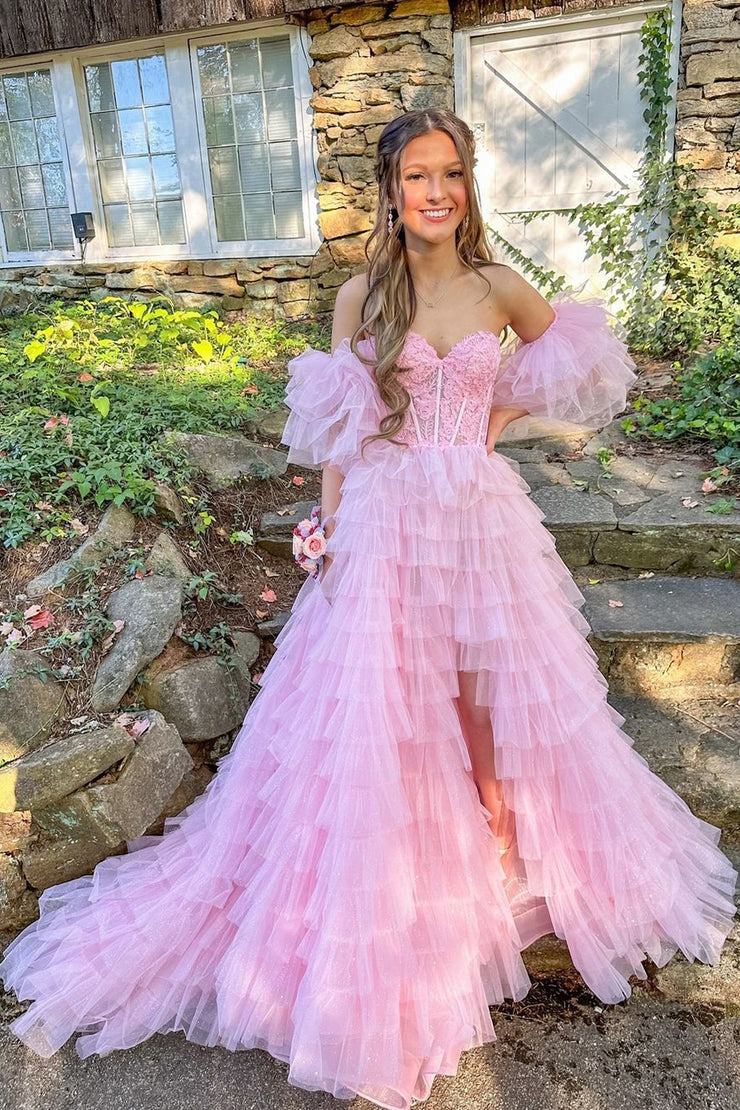 Fairy A Line V Neck Pink Long Tulle Prom Dresses