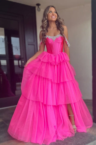 Off the Shoulder Hot Pink A Line Tulle Long Prom Dresses