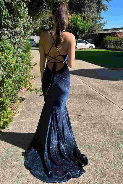 Charming Navy Velvet Mermaid V Neck Long Prom Dresses