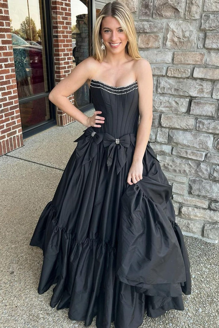 Cute Ball Gown Scoop Neck Black Long Satin Prom Dresses