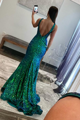 Dark Green Sequin Plunge Mermaid Long Prom Dresses,BD98025