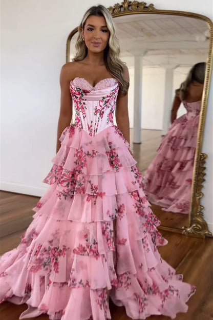 A Line Sweetheart Blush Printed Chiffon Long Prom Dresses