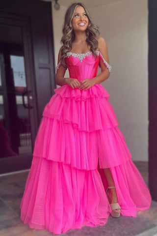 Off the Shoulder Hot Pink A Line Tulle Long Prom Dresses