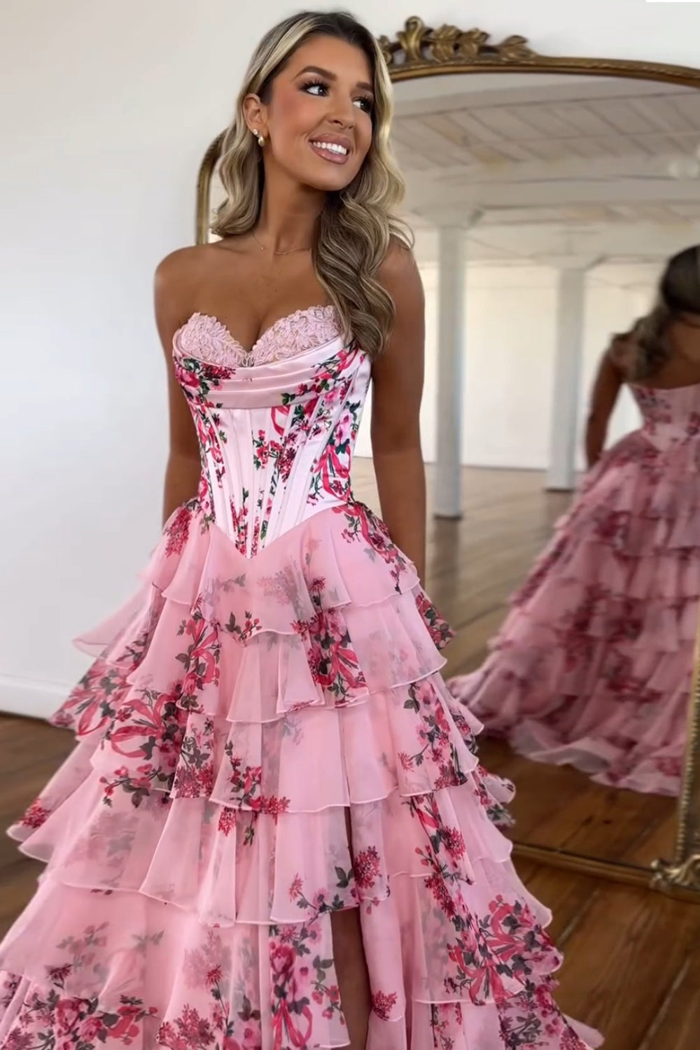 A Line Sweetheart Blush Printed Chiffon Long Prom Dresses