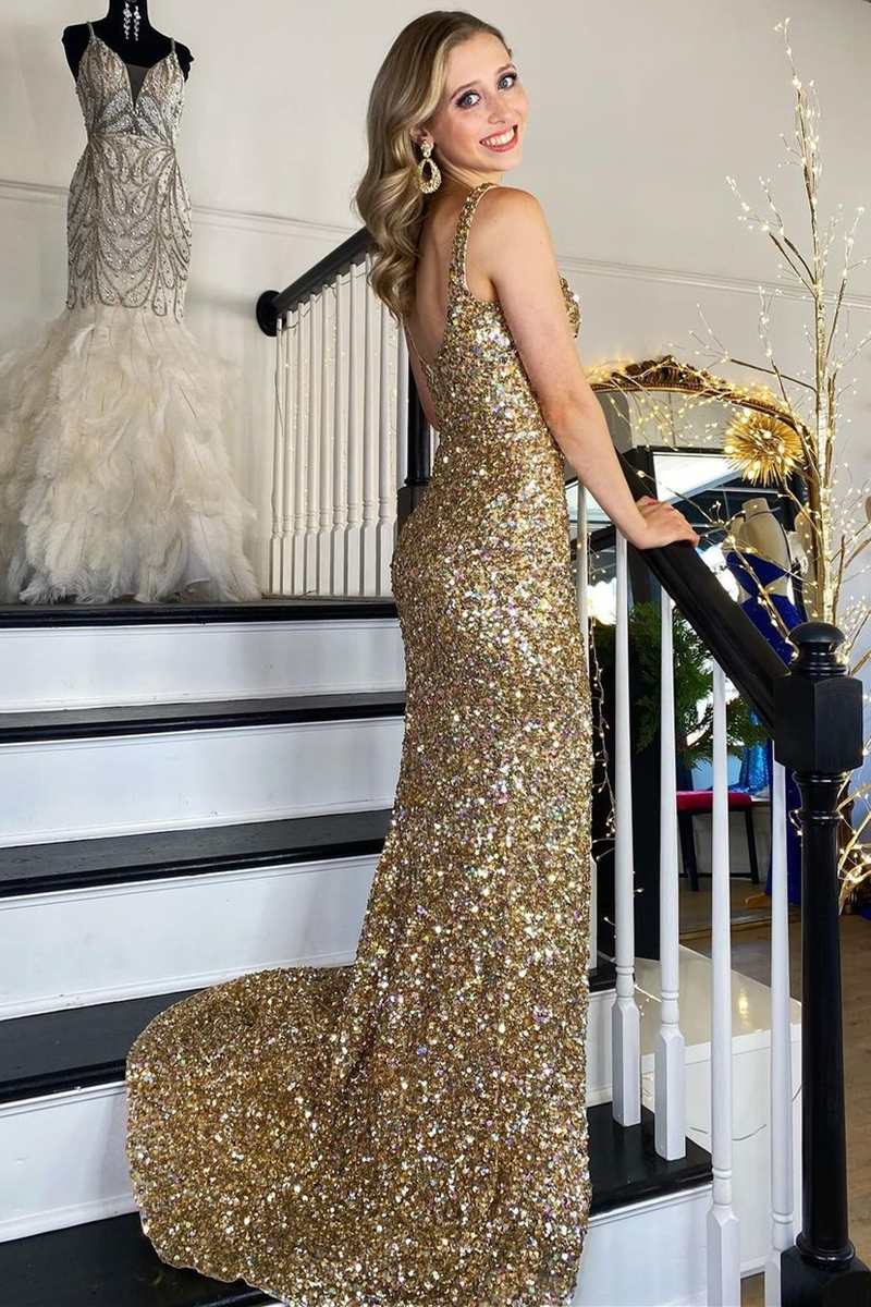 Gold Sequin Mermaid Square Neck Backless Long Formal Dress,BD98018