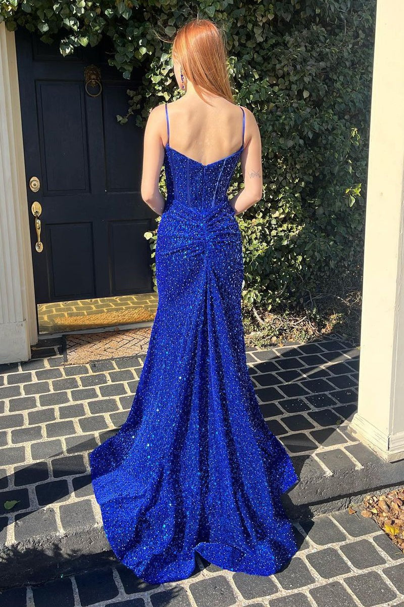 Cute Mermaid Sequins Spaghetti Straps Long Royal Blue Prom Dresses,PD243000