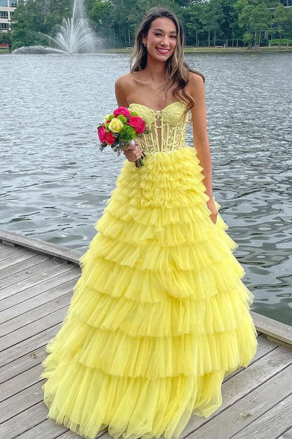 Cute Yellow Ruffle Tiered Tulle Long Sweetheart Prom Dresses,PD2410000