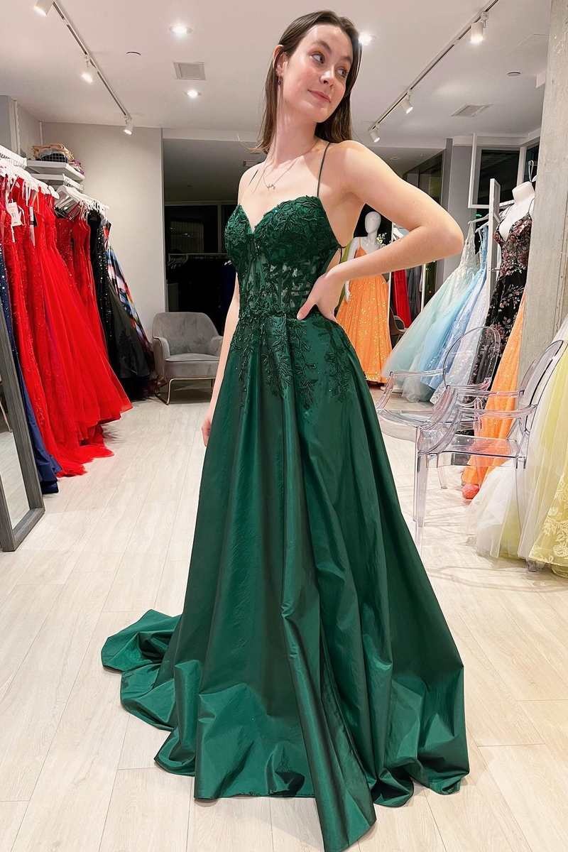 Emerald Green Prom UK Graduation Dresses A-Line Lace Satin Evening Dress