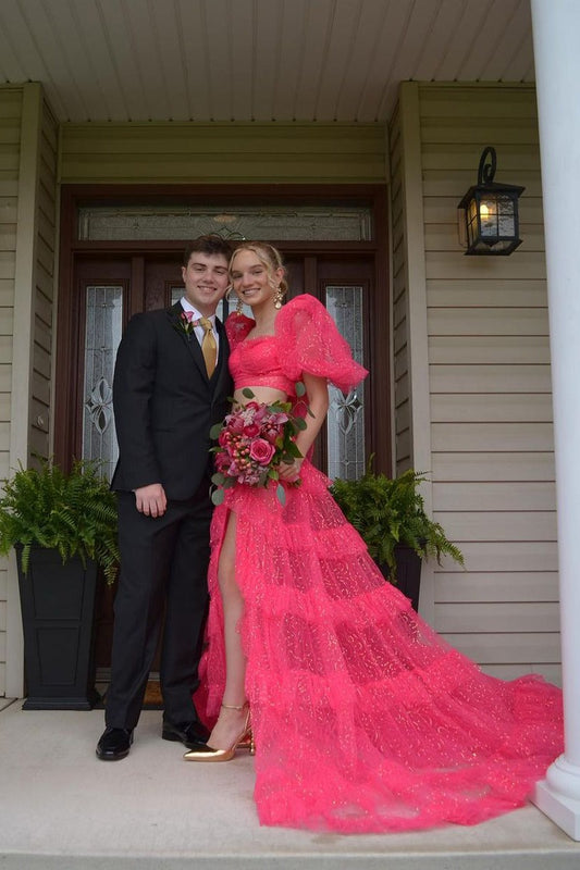 Gorgeous Fuchsia Two Piece Tulle Sweetheart Long Prom Dresses,PD2411000