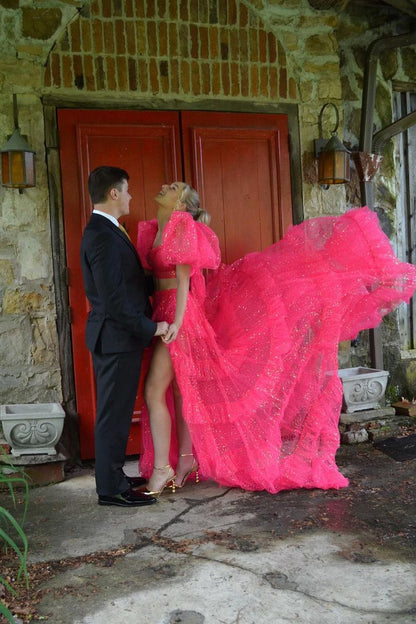 Gorgeous Fuchsia Two Piece Tulle Sweetheart Long Prom Dresses,PD2411000