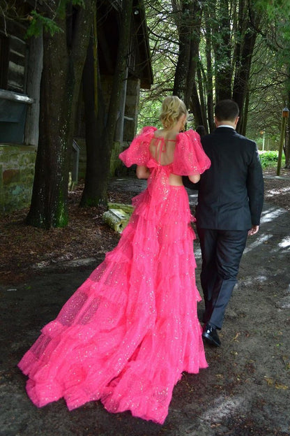 Gorgeous Fuchsia Two Piece Tulle Sweetheart Long Prom Dresses,PD2411000