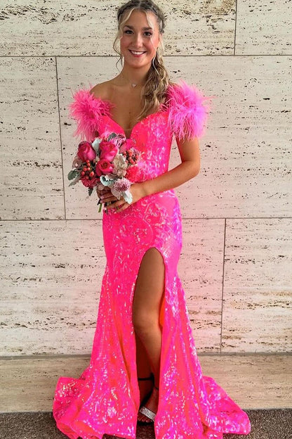 Off The Shoulder Fashion Mermaid Fuchsia Sequins Prom Dresses,PD2401000