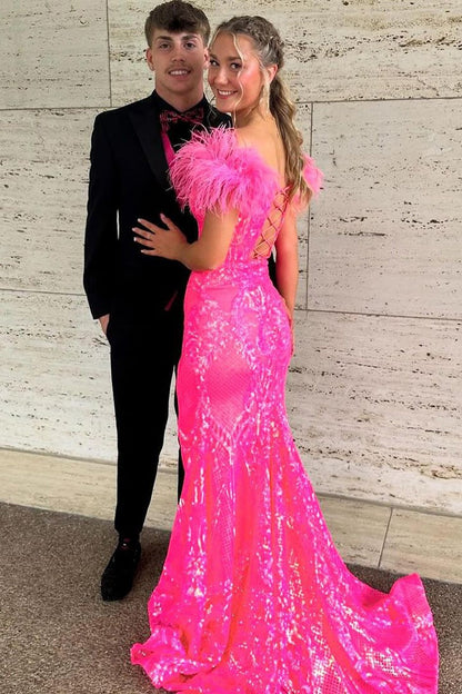 Off The Shoulder Fashion Mermaid Fuchsia Sequins Prom Dresses,PD2401000