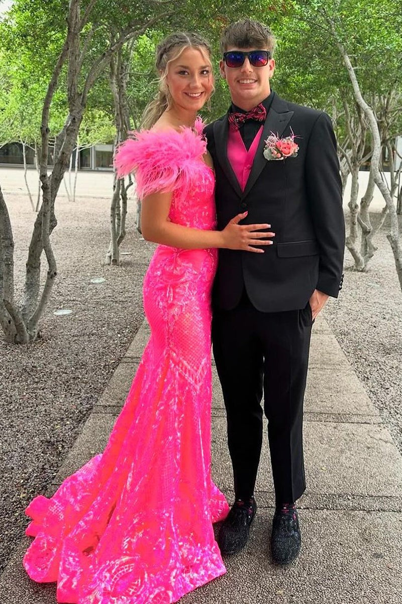 Off The Shoulder Fashion Mermaid Fuchsia Sequins Prom Dresses,PD2401000