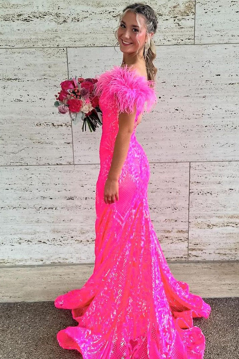 Off The Shoulder Fashion Mermaid Fuchsia Sequins Prom Dresses,PD2401000