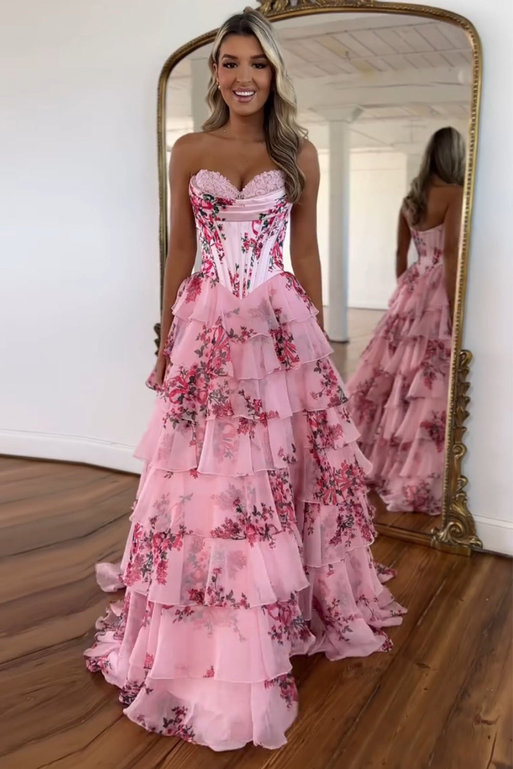 A Line Sweetheart Blush Printed Chiffon Long Prom Dresses