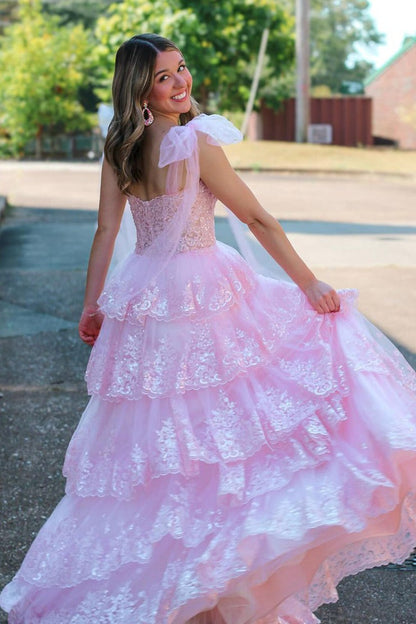 Fairy A Line V Neck Pink Tulle Prom Dresses with Appliques