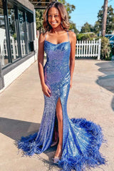 Blue Sequin Mermaid Feather Lace-Up Back Long Prom Dresses,BD98019