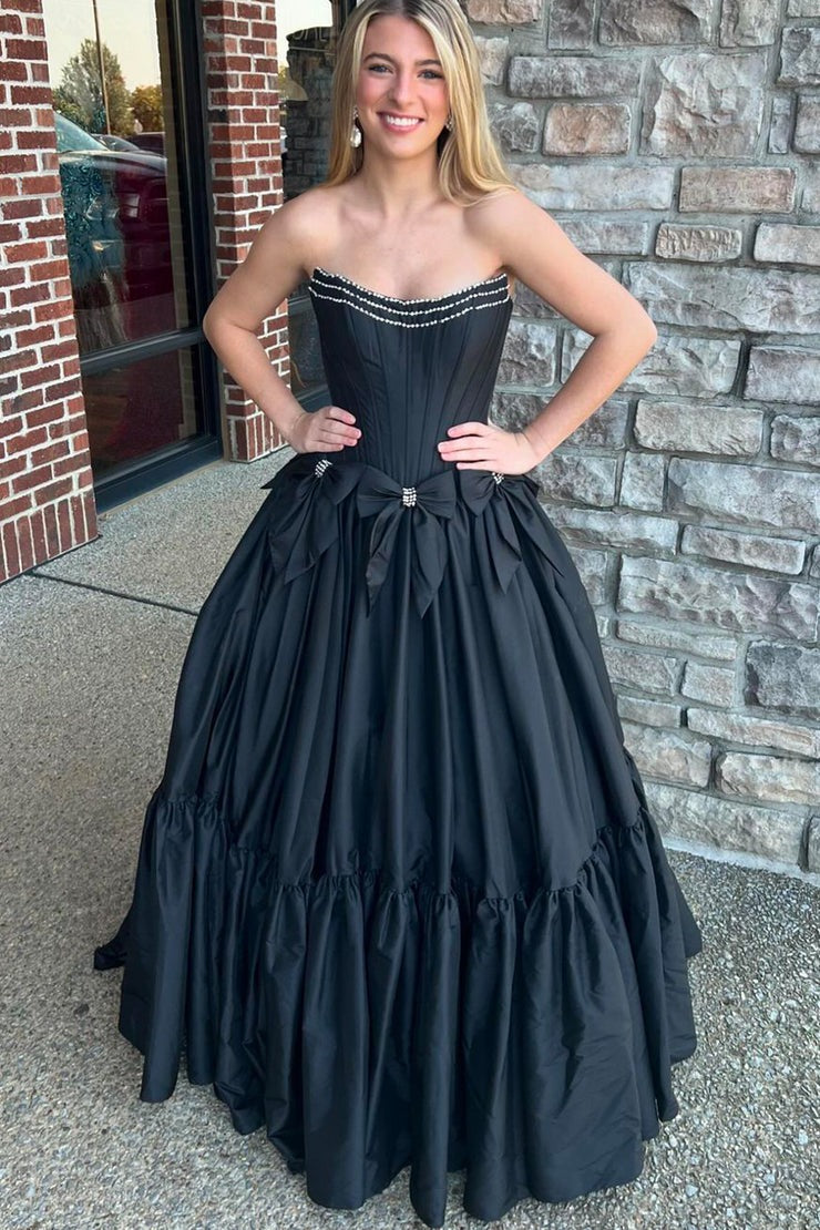 Cute Ball Gown Scoop Neck Black Long Satin Prom Dresses