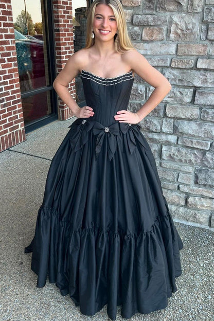 Cute Ball Gown Scoop Neck Black Long Satin Prom Dresses