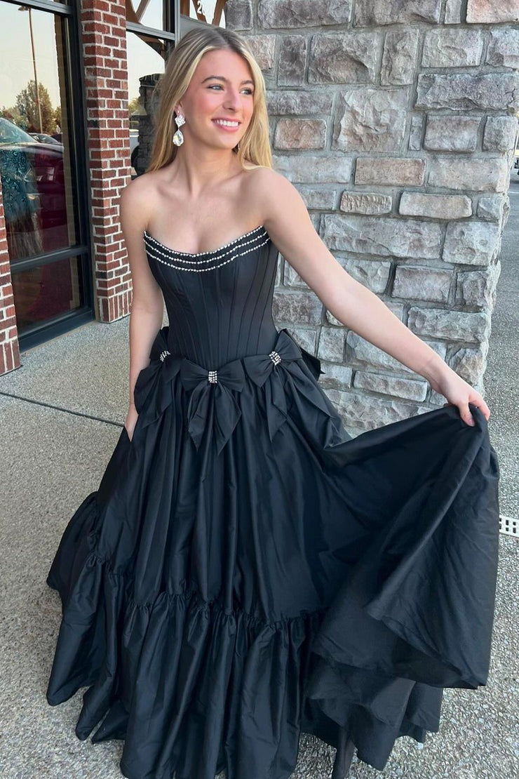 Cute Ball Gown Scoop Neck Black Long Satin Prom Dresses