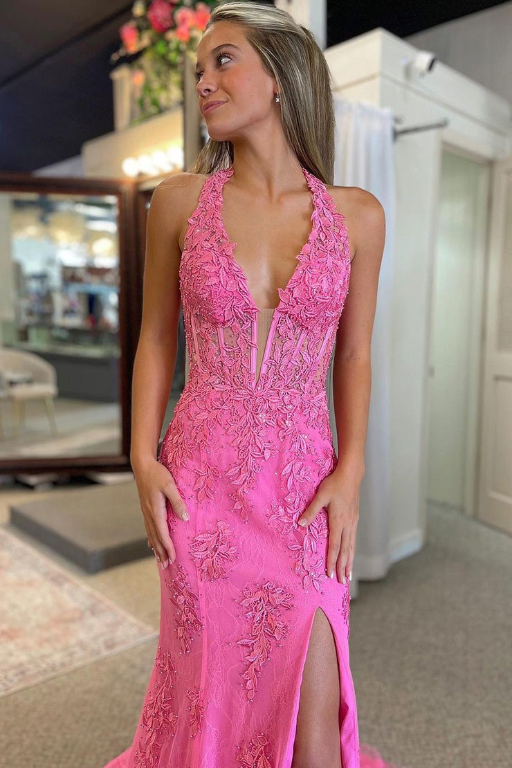 Charming Mermaid Pink Lace Long V Neck Prom Dresses