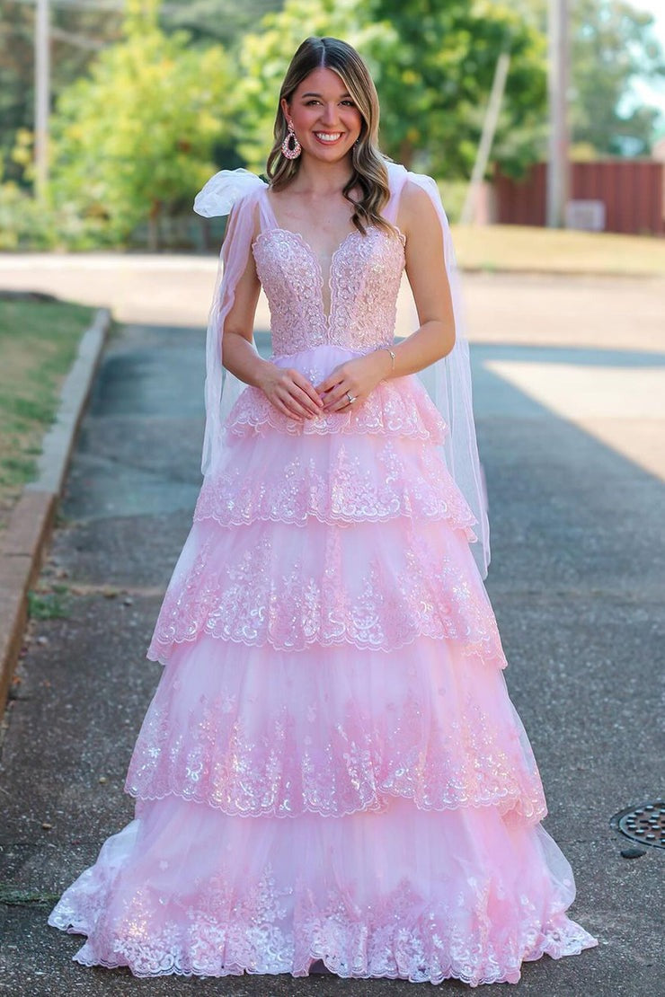 Fairy A Line V Neck Pink Tulle Prom Dresses with Appliques